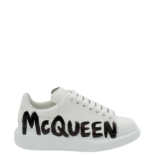Alexander McQueen/亞歷山大麥昆 22年早春新款 女士白色/黑色光滑小牛皮革涂鴉Logo印花運(yùn)動鞋698614WIBNK9061