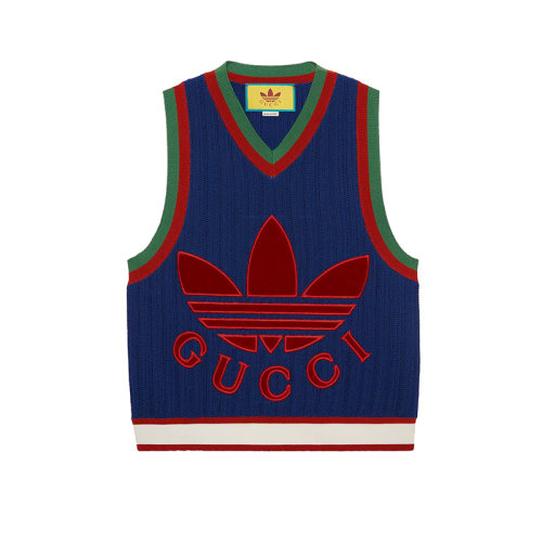 GUCCI/古馳 22年秋冬新款 adidas聯(lián)名系列 男士藍(lán)色精細(xì)粘膠纖維面料鵝絨徽標(biāo)刺繡無(wú)袖上衣背心696245XKCIC4330