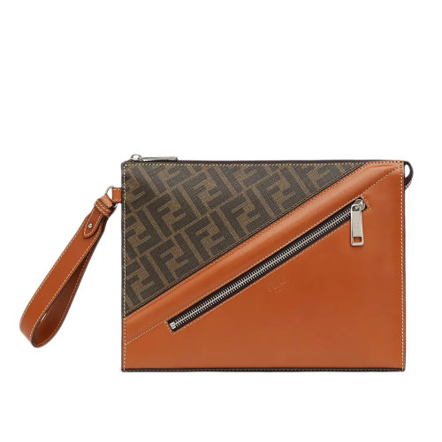 FENDI/芬迪  FF圖案織物面料拼接棕色小牛皮拉鏈?zhǔn)帜冒陌?VA491AFB4F1DZA