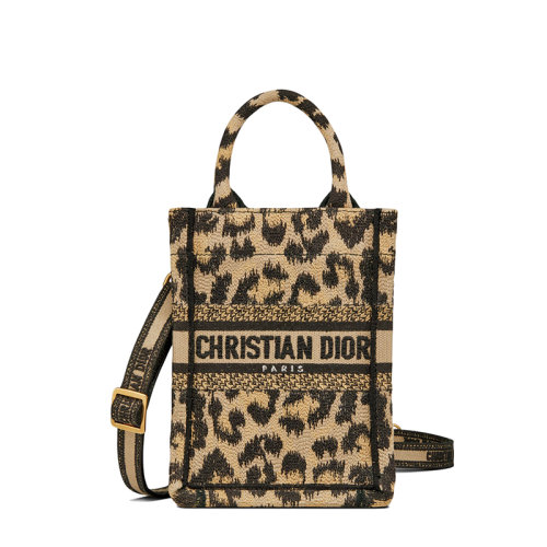 DIOR/迪奧 22春夏新款BOOK TOTE系列 女士迷你款米色Mizza圖案豹紋刺繡織物手提單肩斜挎手機(jī)袋S5555CRHM_M918