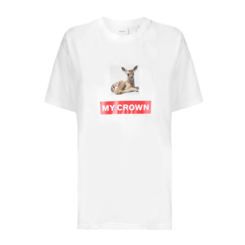 BURBERRY/博柏利  女裝 服飾 男女同款 白色棉質(zhì)小鹿印花圓領(lǐng) 女士短袖T恤蒙太奇小鹿印花