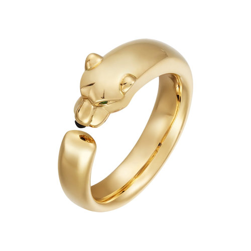 CARTIER/卡地亞 PANTHèRE系列 18K金黃金鑲嵌綠色石榴石和縞瑪瑙獵豹戒指   B4230100