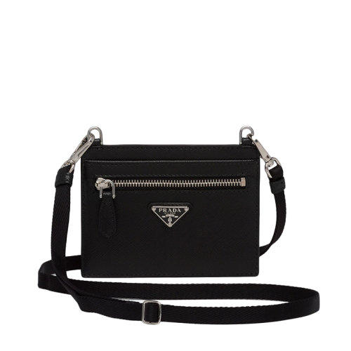 PRADA/普拉達 22年新款 女士黑色皮革三角銀標片式掛脖卡夾1TL406_QHH_F0632
