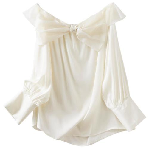 GeleiStory/GeleiStory 夏季新款設計感桑蠶絲長袖襯衫一字肩蝴蝶結真絲上衣 女士長袖襯衫