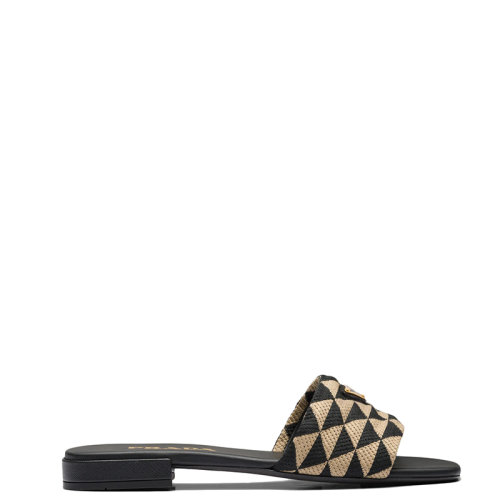 PRADA/普拉達(dá) 22年春夏新款 女士黑色/米黃色織物三角印花拖鞋涼拖1XX637_3LK6_F0Y30_F_010