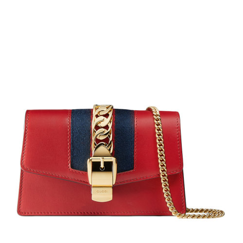 GUCCI/古馳 Sylvie系列超迷你女士拼色牛皮經(jīng)典字母徽標(biāo)印花裝飾單肩包斜挎包鏈條包手包女包 494646-CWLSG-6473