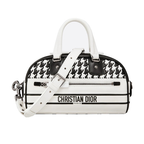 DIOR/迪奧 23新款 VIBE系列 女士小號黑白千鳥格壓紋小牛皮飾有字母標志拉鏈開合星形橡膠底面拆卸調(diào)節(jié)刺繡肩帶單肩斜挎手提保齡球包M6209BMRB_M081