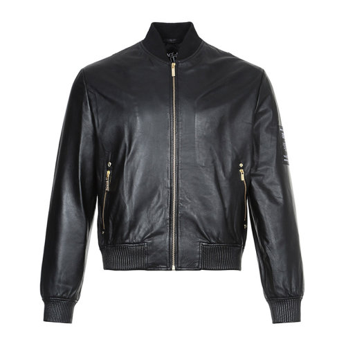 VERSACE JEANS/范思哲牛仔 男士黑色皮革拉鏈開合長(zhǎng)袖上衣皮衣外套皮夾克 ECGUA9T6-25017-899