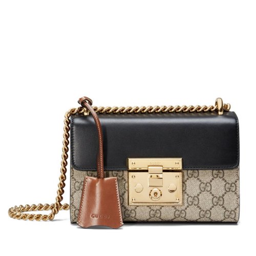 GUCCI/古馳 經(jīng)典款小號Padlock女士黑金帆布牛皮金屬鎖扣鏈條單肩包 409487 KLQJG 9785