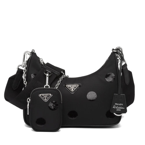 PRADA/普拉達     Re-Edition 2005系列 女士黑色再生尼龍波爾卡圓點圖案裝飾拉鏈拉合附可拆卸鏈條提手斜跨單肩包1BH204_2D0C_F0002_V_V1L