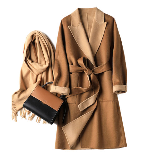 GeleiStory/GeleiStory 干練利落翻領羊毛呢大衣2022年秋冬新款系帶中長款顯瘦口袋雙面呢外套女士大衣