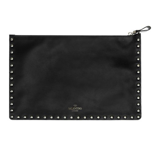 Valentino/華倫天奴  女包女士黑色皮革時尚百搭鉚釘裝飾拉鏈手拿包  RW2P0269BOL 0NO