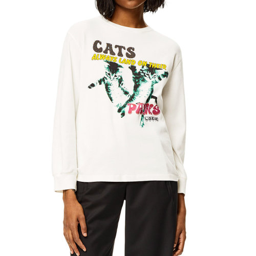 LOEWE/羅意威 22年秋冬新款 女士白色純棉小貓印花長(zhǎng)袖T恤S359Y22X26-2100