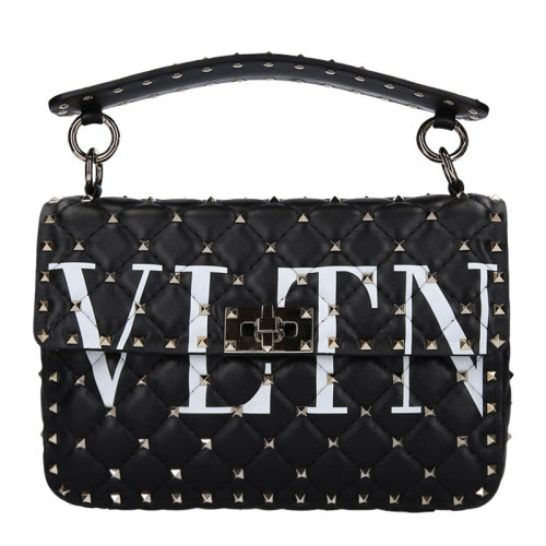 Valentino/華倫天奴 女士黑色牛皮徽標鉚釘斜挎包手提包單肩包女包 RW2B0122-XQC-NER