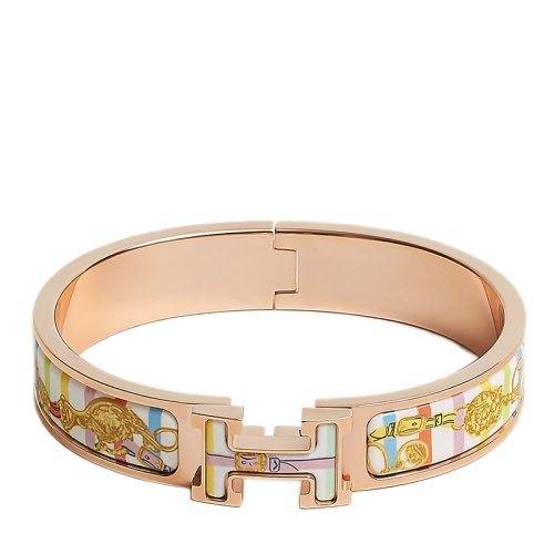 HERMES/愛(ài)馬仕 經(jīng)典款Clic H系列 粉彩色琺瑯飾圖案印花鍍玫瑰金飾面H標(biāo)識(shí)手鐲 H702416FOD3