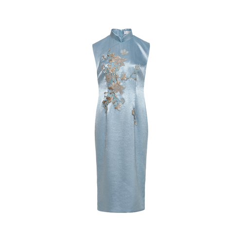 HUI/卉 女士連衣裙20秋季新品水綠色無袖連衣裙中式立領(lǐng)/斜襟/修身/刺繡設(shè)計(jì)