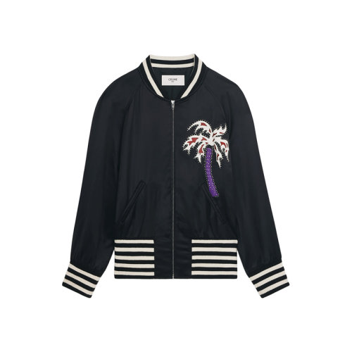 CELINE/賽琳 22年春夏新款 TYLER CHILDRESS聯(lián)名系列 男士黑色粘膠纖維拼羊皮革飾PALM TREE刺繡緞面學(xué)院風(fēng)夾克2V57H851C.38NO