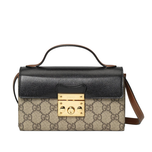GUCCI/古馳 經(jīng)典Padlock系列 女士迷你GG Supreme帆布黑色棕色皮革翻蓋金扣斜挎單肩包65268396GAG9785