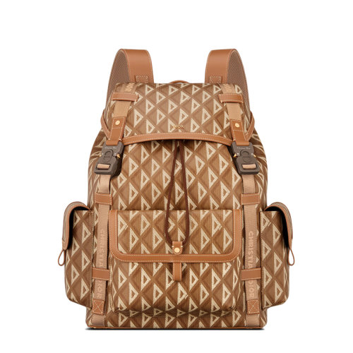 DIOR/迪奧 22春夏新款HIT THE ROAD系列 男士咖啡色CD Diamond圖案帆布皮革飾邊翻蓋抽繩雙肩背包1ESBA163CDP_H24E