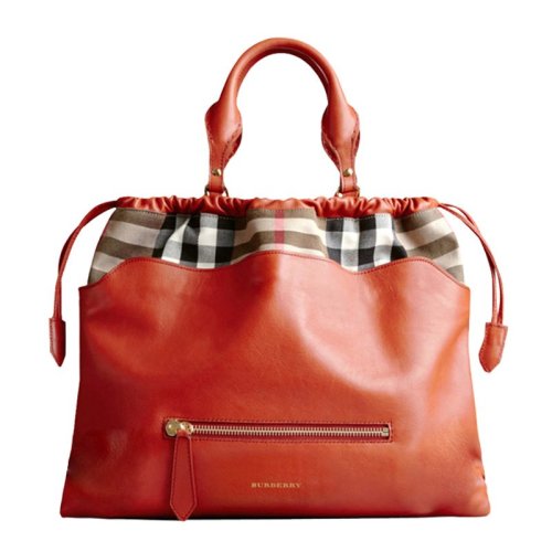 BURBERRY/博柏利 女士橙紅色BigCrush格紋配皮抽繩手袋手提包女包 3950041