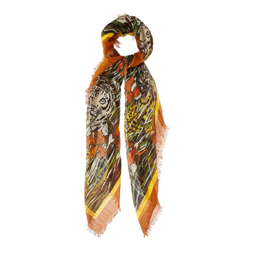 GUCCI/古馳 女士多色拼色莫代爾棉桑蠶絲混紡叢林老虎印花字母徽標(biāo)末端流蘇披肩圍巾圍脖絲巾方巾 576774-3GD74-1075