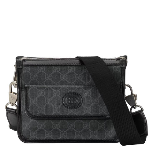 GUCCI/古馳 Aria系列 男士黑色帆布皮革飾邊橢圓形皮革GG標(biāo)簽單肩斜挎包67416492THN1000