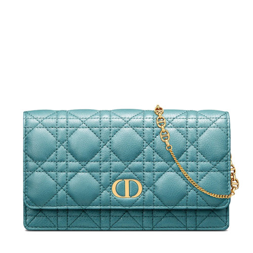DIOR/迪奧 22新款Caro系列 女士天藍(lán)色藤格紋柔軟小牛皮CD金扣可拆卸金鏈單肩手拿鏈條錢包S5134UWHC_M08Z