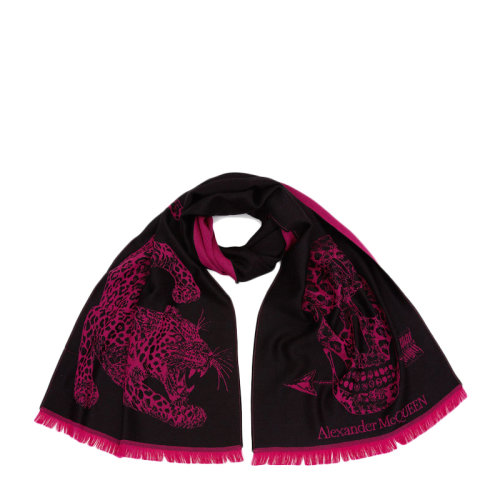 Alexander McQueen/亞歷山大麥昆 女士黑粉拼色大號粉色豹紋骷髏圖案羊毛圍巾圍脖絲巾 604793-3200Q-1072