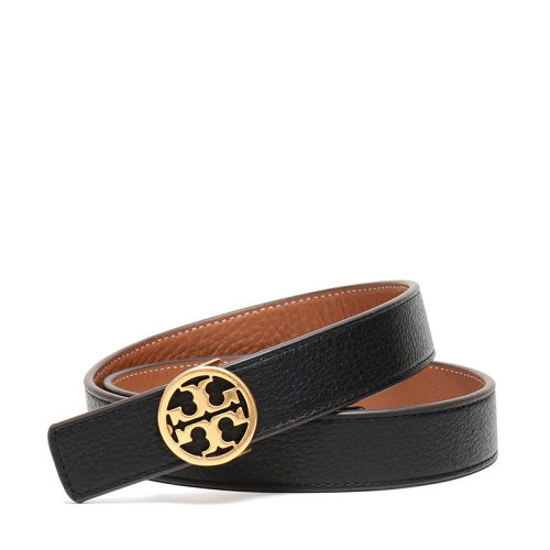 Tory Burch/湯麗柏琦 女士黑色棕色皮革雙T金色板扣式雙面皮帶腰帶 56643