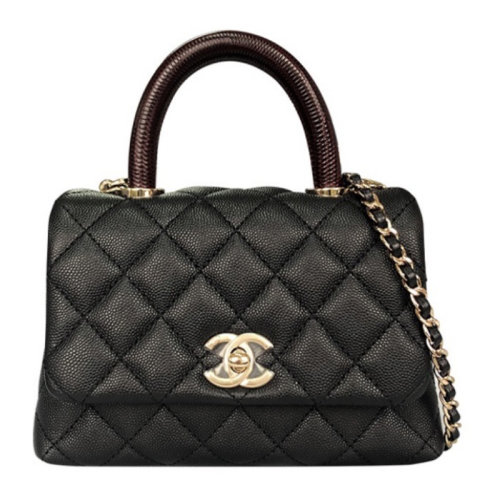 CHANEL/香奈兒 女包  mini coco handle 經(jīng)典黑金黑柄 蜥蜴皮手柄口蓋包 金扣顆粒壓花小牛皮 鏈條包手提包單肩斜挎包