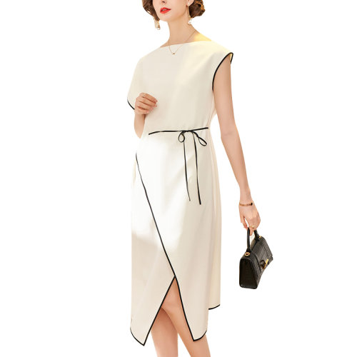 GeleiStory/GeleiStory  夏季新款氣質(zhì)名媛不規(guī)則插肩袖圓領(lǐng)收腰開叉黑邊撞色連衣裙   女裝＞女士裙裝＞女士連衣裙