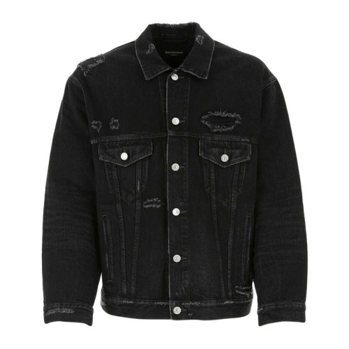 Balenciaga/巴黎世家 男士黑色棉質(zhì)復(fù)古仿舊牛仔尖領(lǐng)上衣外套夾克 664329-TBP47-1055