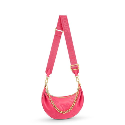 Louis Vuitton/路易威登 22春夏新款Over The Moon系列 女士火龍果色老花壓紋牛皮革金扣金鏈單肩斜挎手提月亮包M59915