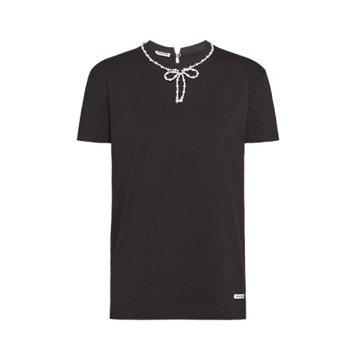 MiuMiu/繆繆 黑色 女士蝴蝶結(jié)裝飾短袖T恤 MJN175_1V0F_F0002