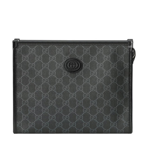 GUCCI/古馳 20  男士黑色老花帆布皮革飾邊拉鏈開(kāi)合手拿包?67295692TCN1000