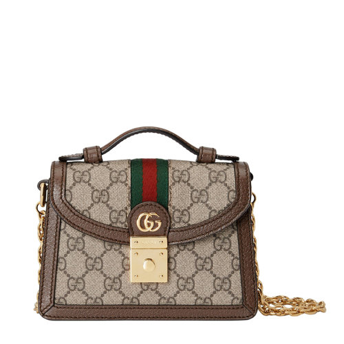 GUCCI/古馳 22春夏新款Ophidia系列 女士迷你烏木色米色老花帆布金扣紅綠織帶鏈式單肩包69618096IWG8745