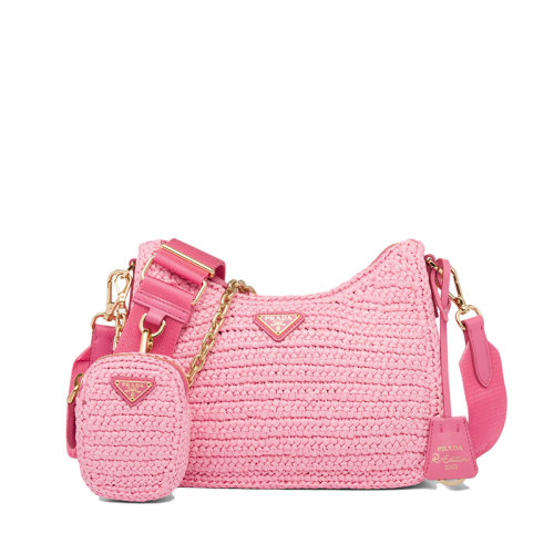 PRADA/普拉達 22新款Re-Edition 2005系列 女士花瓣粉色酒椰纖維金屬三角形徽標可拆卸拉鏈式小袋單肩手提包1BH204_2A2T_F0442_V_V9L