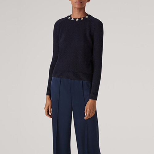 St.John/盛薔藏藍(lán)色羊絨寬松打底女士針織衫/毛衣K521061