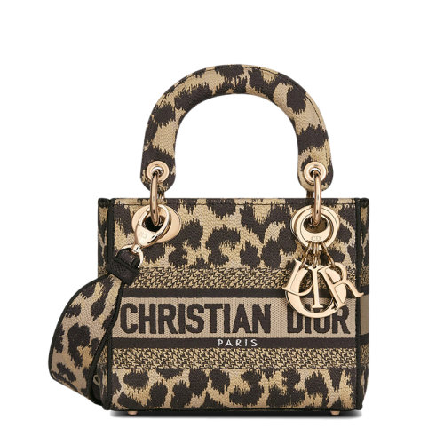 DIOR/迪奧 22新款LADY D-LITE系列 女士迷你款豹紋拼色Mizza圖案刺繡單肩斜挎手提戴妃包M0500ORHM_M918