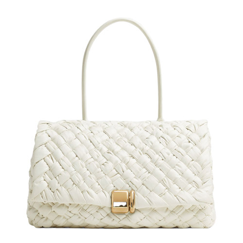 Bottega Veneta/葆蝶家 22新款 女士中號(hào)白色小牛皮飾有Intreccio圖案金屬搭扣翻蓋開(kāi)合單肩手提包717581V2BJ19092