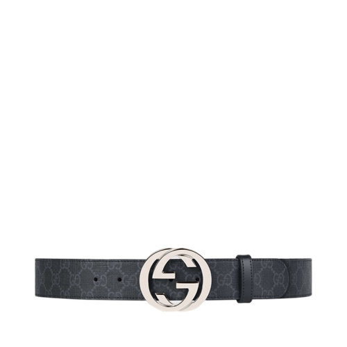 GUCCI/古馳 男士黑灰色皮革經(jīng)典雙G印花商務(wù)休閑腰帶板男款扣式皮帶 411924 KGDHX 8449