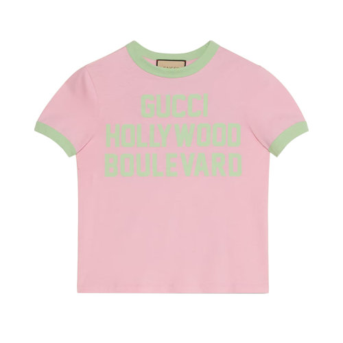 GUCCI/古馳 22年春夏新款 愛(ài)的進(jìn)行曲系列 女士粉色純棉Hollywood Boulevard印花短袖T恤?695816XJED45904