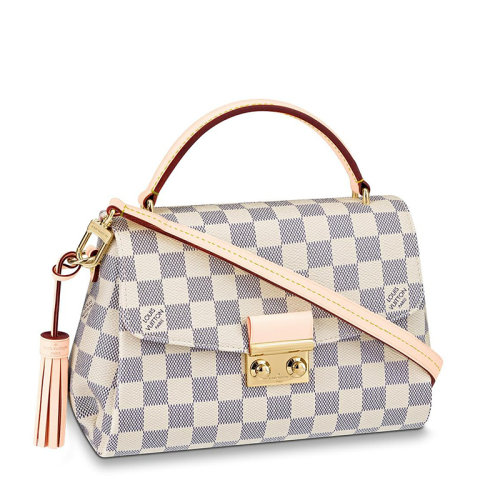 Louis Vuitton/路易威登 經(jīng)典款CROISETTE系列 女士天藍(lán)色棋盤格帆布飾皮革滾邊金扣配可拆卸流蘇吊飾翻蓋開合單肩斜挎手提包N41581