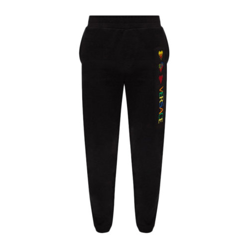 VERSACE/范思哲 男士黑色棉質(zhì)經(jīng)典字母徽標(biāo)印花裝飾休閑褲運(yùn)動(dòng)褲長(zhǎng)褲男褲 A83122-A228146-A008