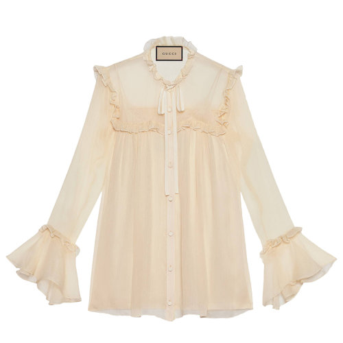 預訂3周 GUCCI/古馳女士米色荷葉邊雪紡襯衫657801ZHS789205