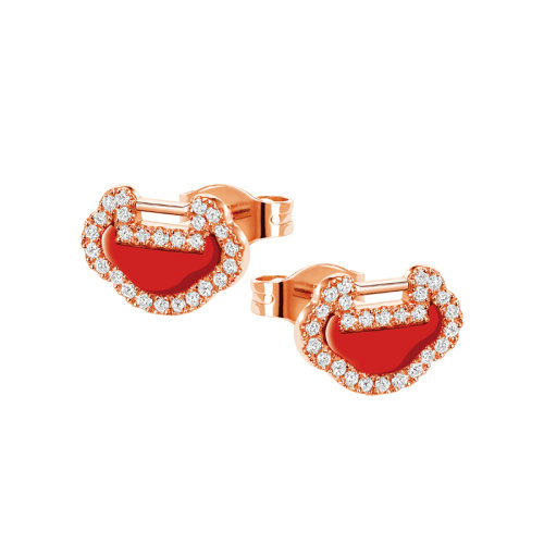 QEELIN/麒麟珠寶 YUYI 18K金玫瑰金紅瑪瑙如意于義于逸鑲鉆邊耳釘 YY-ERSD0003B-RGDRA