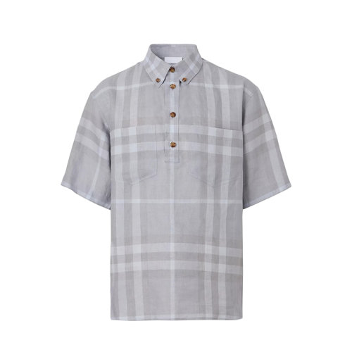 BURBERRY/博柏利 22年春夏新款 男士灰褐色亞麻面料格紋短袖襯衫80509861