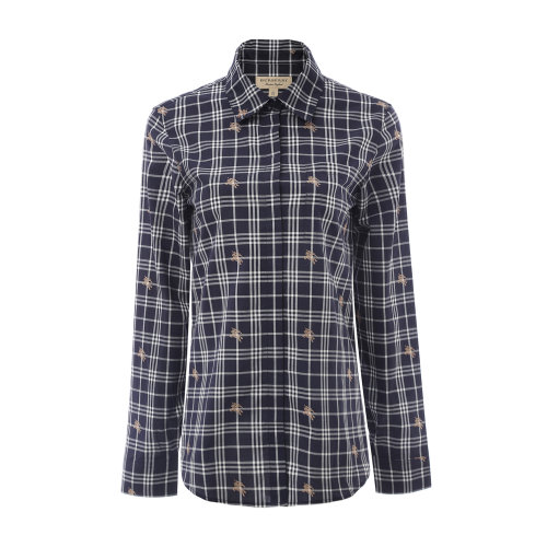 純棉深藍色格紋女士長袖襯衫 BURBERRY/博柏利 服裝 巴寶莉 女裝 內(nèi)搭 長襯
