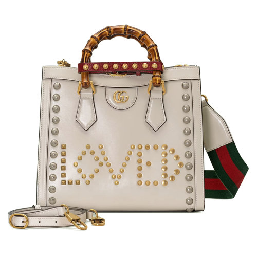 GUCCI/古馳 22新款Diana系列 女士小號白色皮革飾金/銀色Lovelight主題鉚釘滾邊配可拆卸肩帶單肩手提斜挎竹節(jié)包702721AAA309046
