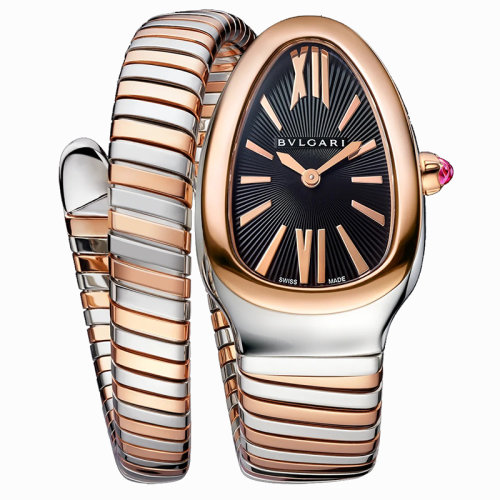 BVLGARI/寶格麗 一個螺旋形表殼和18K金玫瑰金和精鋼表鏈 黑色不透明表盤 SERPENTI TUBOGAS石英手表 35毫米102123